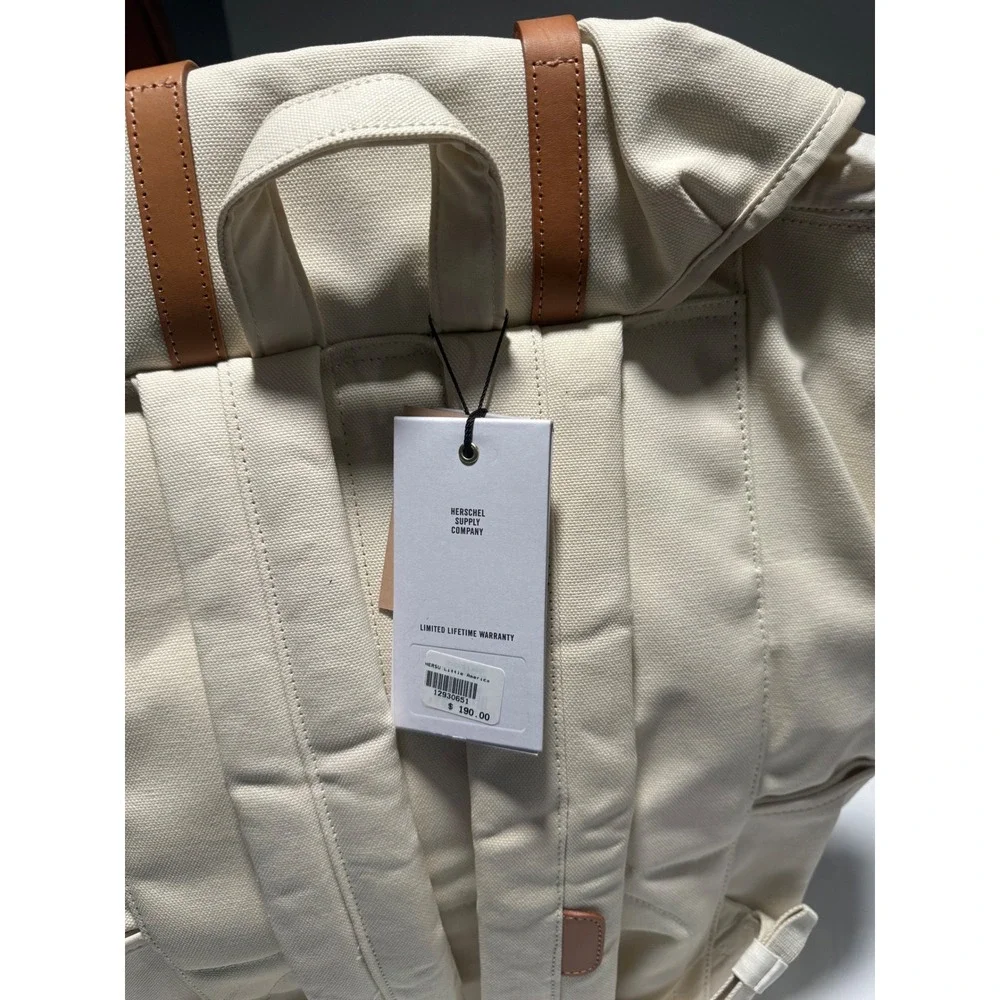 Herschel Little America Backpack Heavyweight Canvas Cream Tan Leather NWT $190